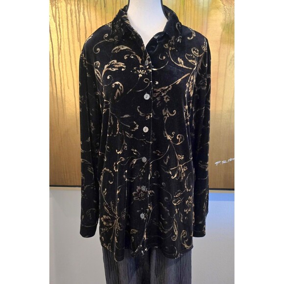 Y2K VTG Kathie Lee Collection Shirt Womens Medium Black Bronze Velour Floral - Picture 1 of 11